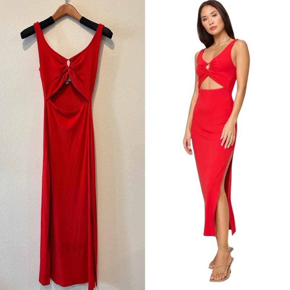 L*Space Camille Midi Dress Flame Red Ribbed Cutout Twist Front Womens Size L